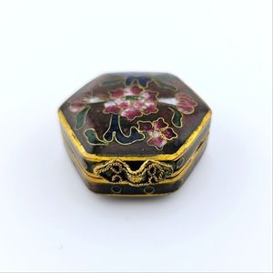 🔥Vintage small brass enameled hexagonal trinket box floral cloisonne pattern